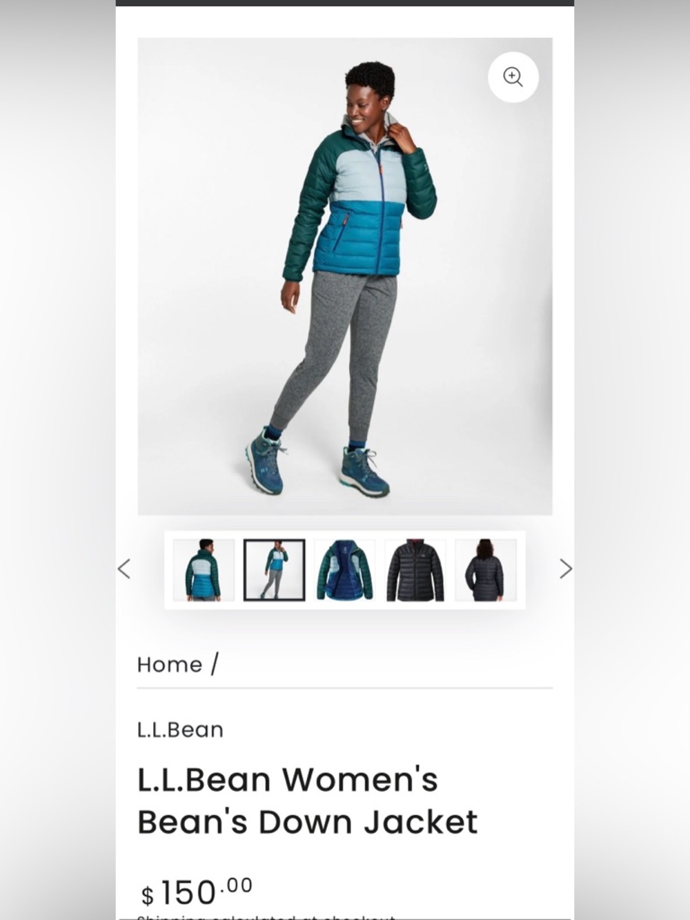 L.L. Bean Womens Colorblock Puffer Jacket - Dark Green/Light Blue/Teal Blue